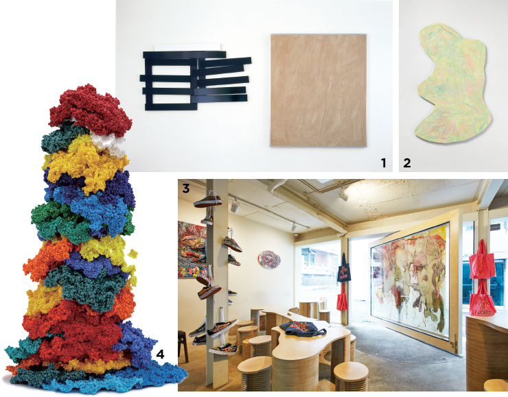 1 이미 크노벨, ‘Nach Leucht Farbe Grun’, 2012, Acrylic, aluminum, color after illumination, tank plate, wood, 197x395.6x 8cm. 2 이미 크노벨, ‘Figura Zeta’, 2019, Acrylic, aluminium, 228.4x147.8x 4.5cm. 3 현경의 개인전이 진행 중인 컨템포러리 원. 4 라이자 루, ‘Aggregate: Primary’, 2018, woven glass beads and thread, 53.3x35.6x 30.5cm, Courtesy the artist and Lehmann Maupin, New York, Hong Kong, and Seoul. Photo: Joshua White