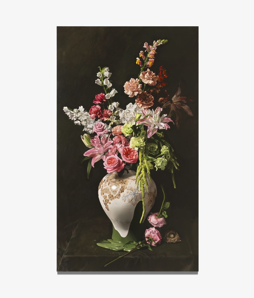 Flowers in the Neo-White Porcelain Jar with Grapevine Design in Underglaze Iron Brown and Cobalt Blue, 2023, 193.9 x 112.1 cm, Oil on linen.
