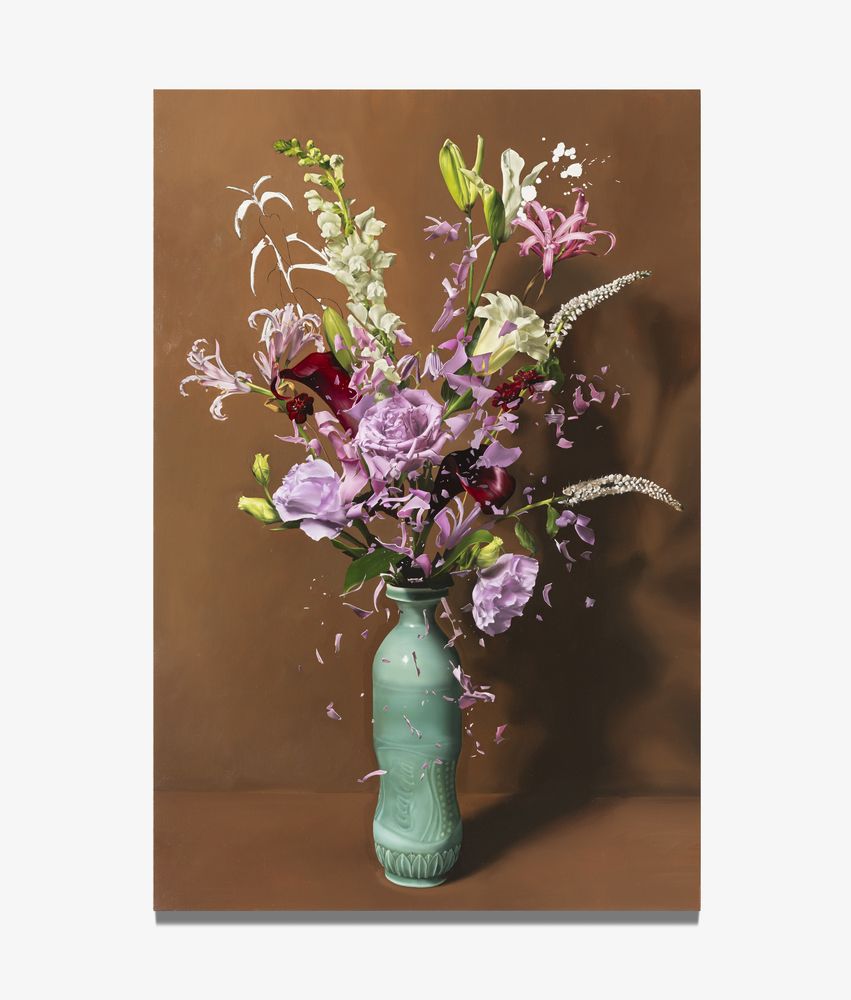 Flowers in the Neo-Celadon Bottle in the Shape of Coca-Cola P.E.T Bottle, 2023, 145.5 x 97 cm, Oil on linen.