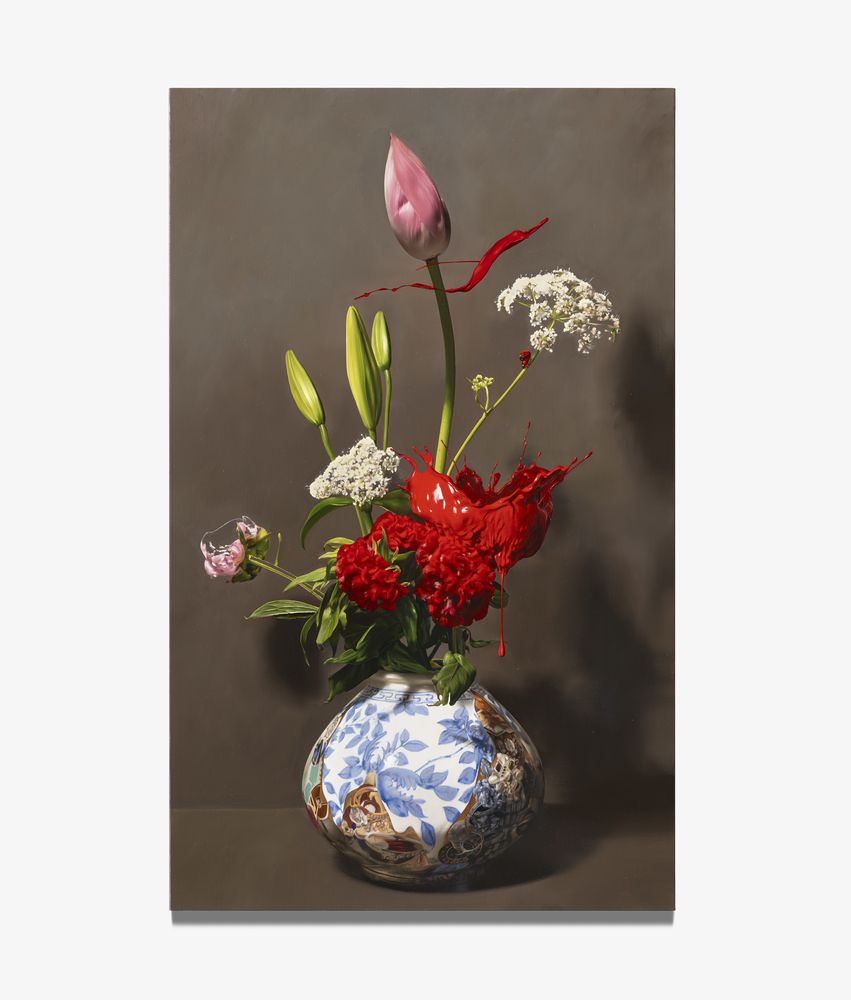 Flowers in the Neo-White Porcelain Jar with Peach Design in UnderglazeCobalt Blue + Gems, 130.3 x 80.3 cm, 2023, Oil on linen.