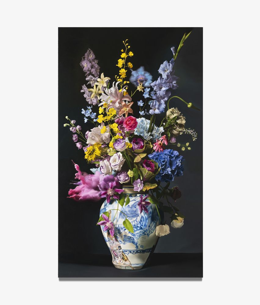 Flowers in the Neo-White Porcelain Jar with Dragon and Clouds Design in Underglaze Cobalt Blue + Gems, 2024, 193.9 x 112.1 cm, Oil on linen.