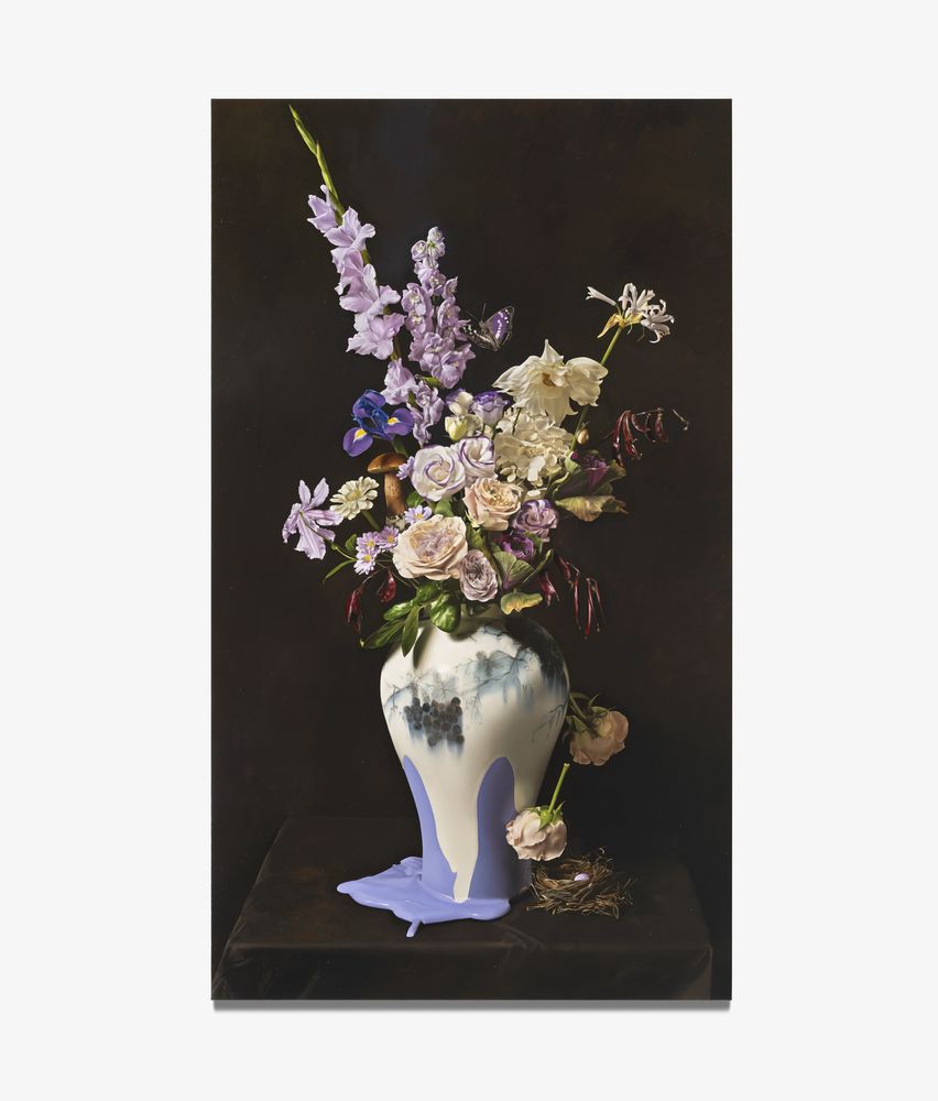 Flowers in the Neo-White Porcelain Jar with Grapevine Design in Underglaze Black, 2024, 193.9 x 112.1 cm, Oil on linen.