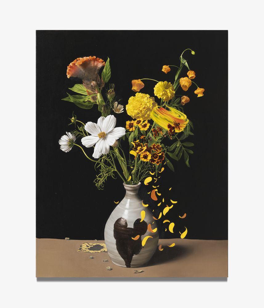 Flowers in the Neo-Buncheong Bottle with Mouse Design in Underglaze Iron Brown, 2023, 116.8 x 91 cm, Oil on linen.