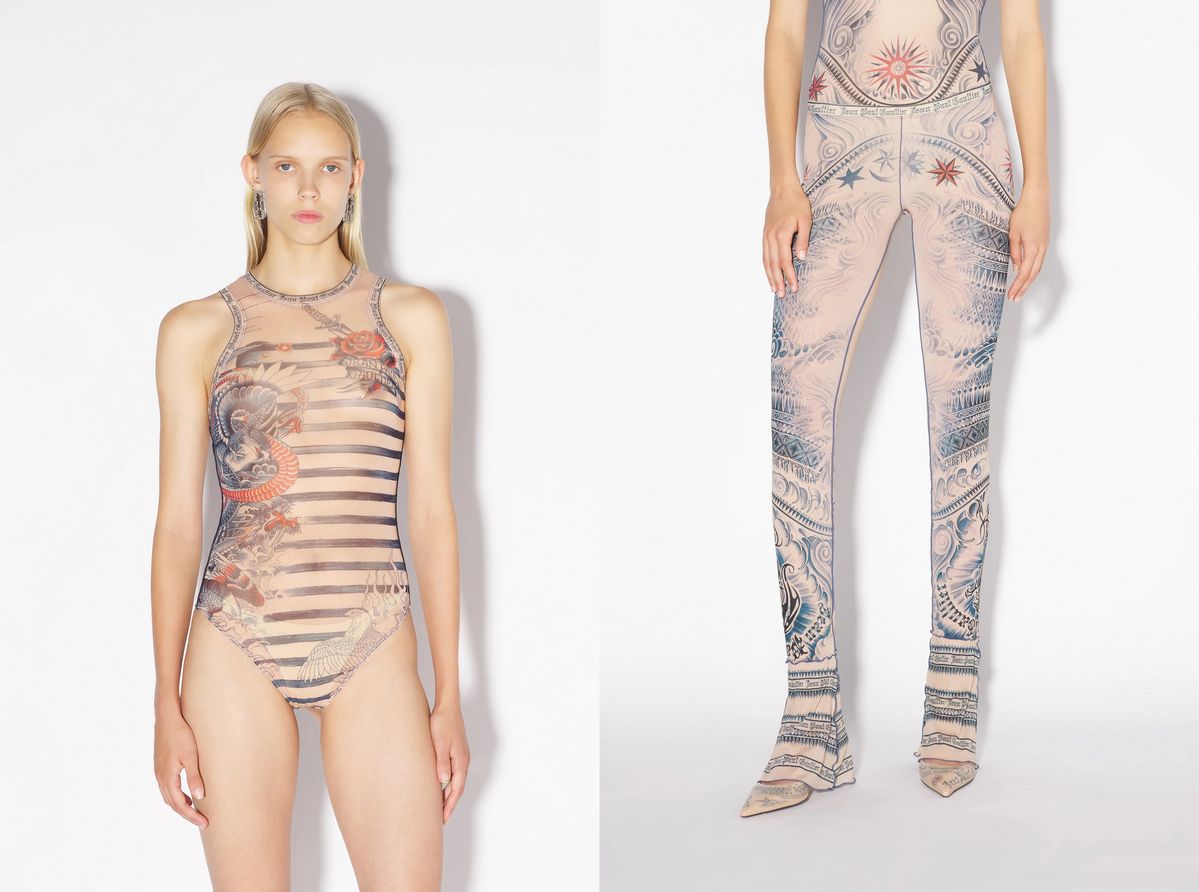 Jean Paul Gaultier 장 폴 고티에 THE NUDE SAILOR TATTO BODYSUIT·THE SUN TATTO PANTS, 각각 480달러·430달러