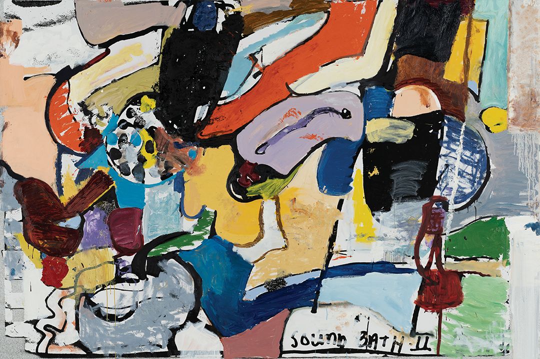 <Emartllc No.4 (Sound Bath II)>, 2023, Oil, acrylic and silkscreen ink on linen, 182.9x274.3cm.