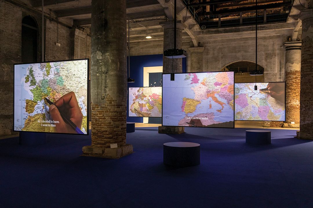 Bouchra Khalili, <The Mapping Journey Project>, 2008-2011, Video installation, 8 single- channel videos, color, sound Variable dimensions. Photo: Marco Zorzanello