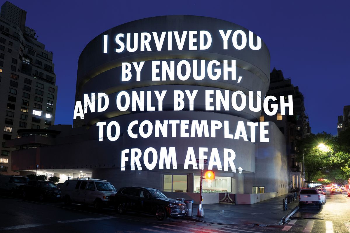 <For the Guggenheim>, 2008/2024. Light projection, Solomon R. Guggenheim Museum, New York. ⓒ 2024 Jenny Holzer, Artists Rights Society (ARS), New York. Photo: Filip Wolak