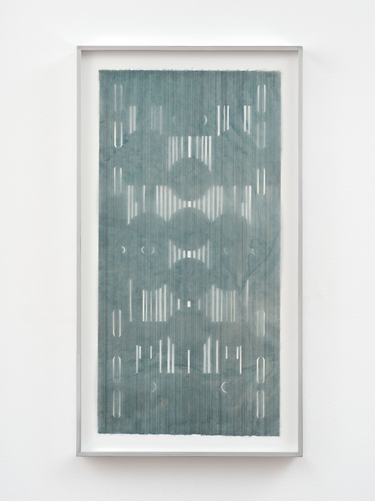 <시: concrete poem (no.042024)>, 2024, Graphite on hand-cut ottchil dyed hanji, aluminum frame, 75x37cm. Image courtesy of the artist and Commonwealth and Council.