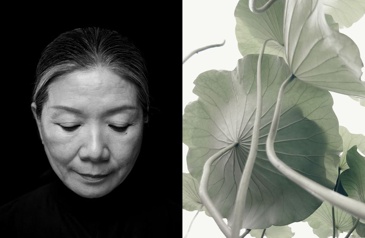 구찌 사진전 '두 개의 이야기'에 선보인 작품 '사유'. 개념 미술가 김수자 작가가 지긋이 내려다 보는 얼굴 옆으로 연을 배치했다.