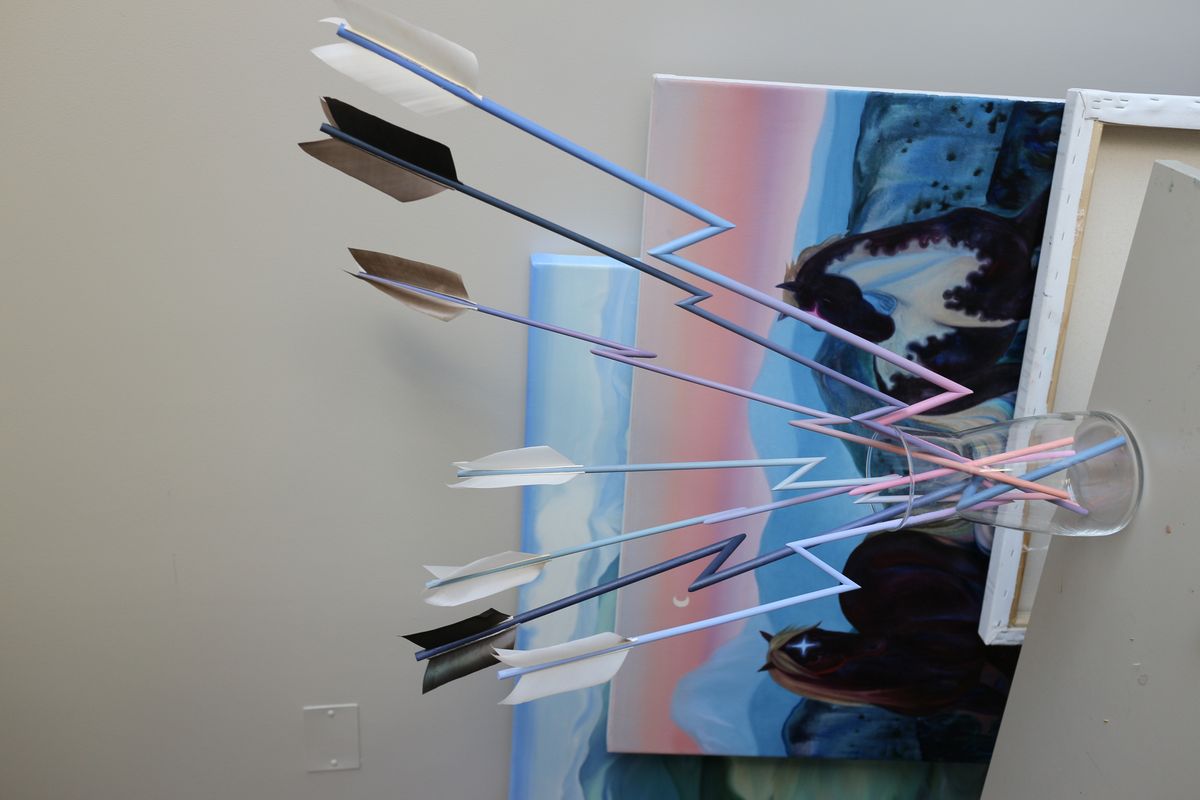 Heaven arrows (9 parts) 2025, Wood, feathers, acrylic, 70x5x0.9cm