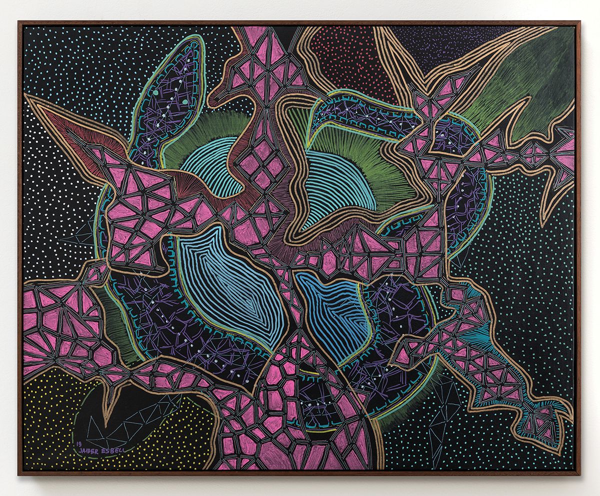 Jaider Esbell, <O Olho D’água E A Guardiã>, 2019, Acrylic on canvas, 74.9x90.2cm. © Jaider Esbell, Courtesy of Galeria Jaider Esbell de Arte Indigena Contemporãnea and Gladstone.
