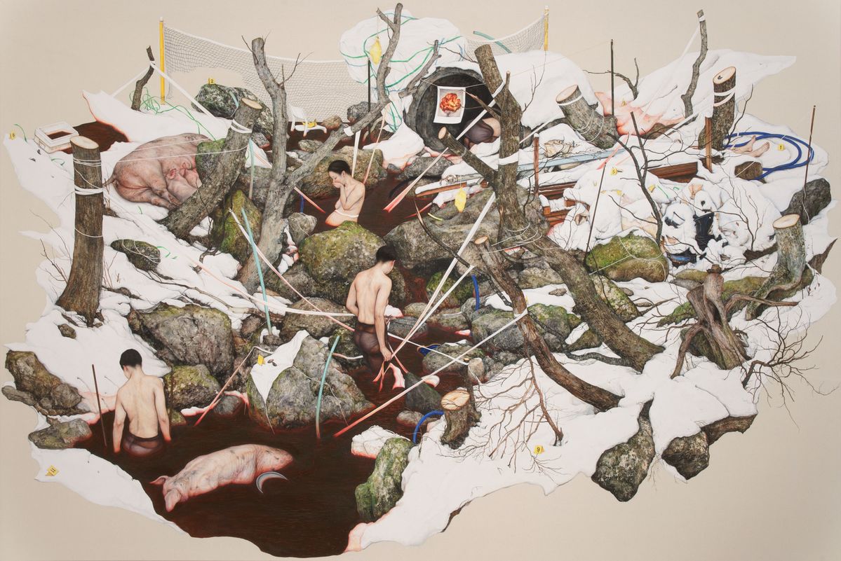 이진주, 오목한 눈물 2025 powdered pigment, animal skin glue and water on unbleached cotton 200x300cm