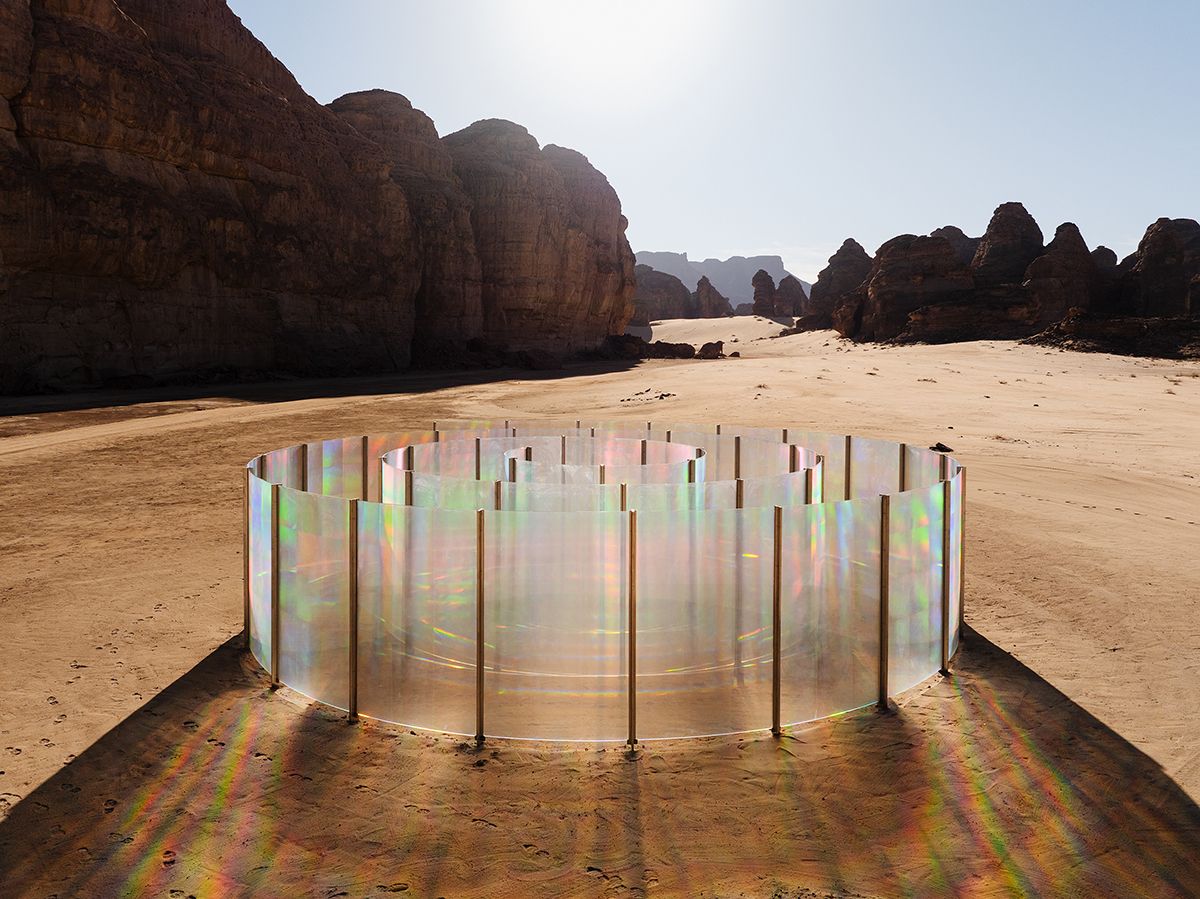 <To BreatheㅡAlUla>, 2024, Site-specific installation consisting of diffraction grating film, Installation view at Desert X, AlUla. Courtesy of The Royal Commission for AlUla and Studio Kimsooja. Photo by Lance Gerber