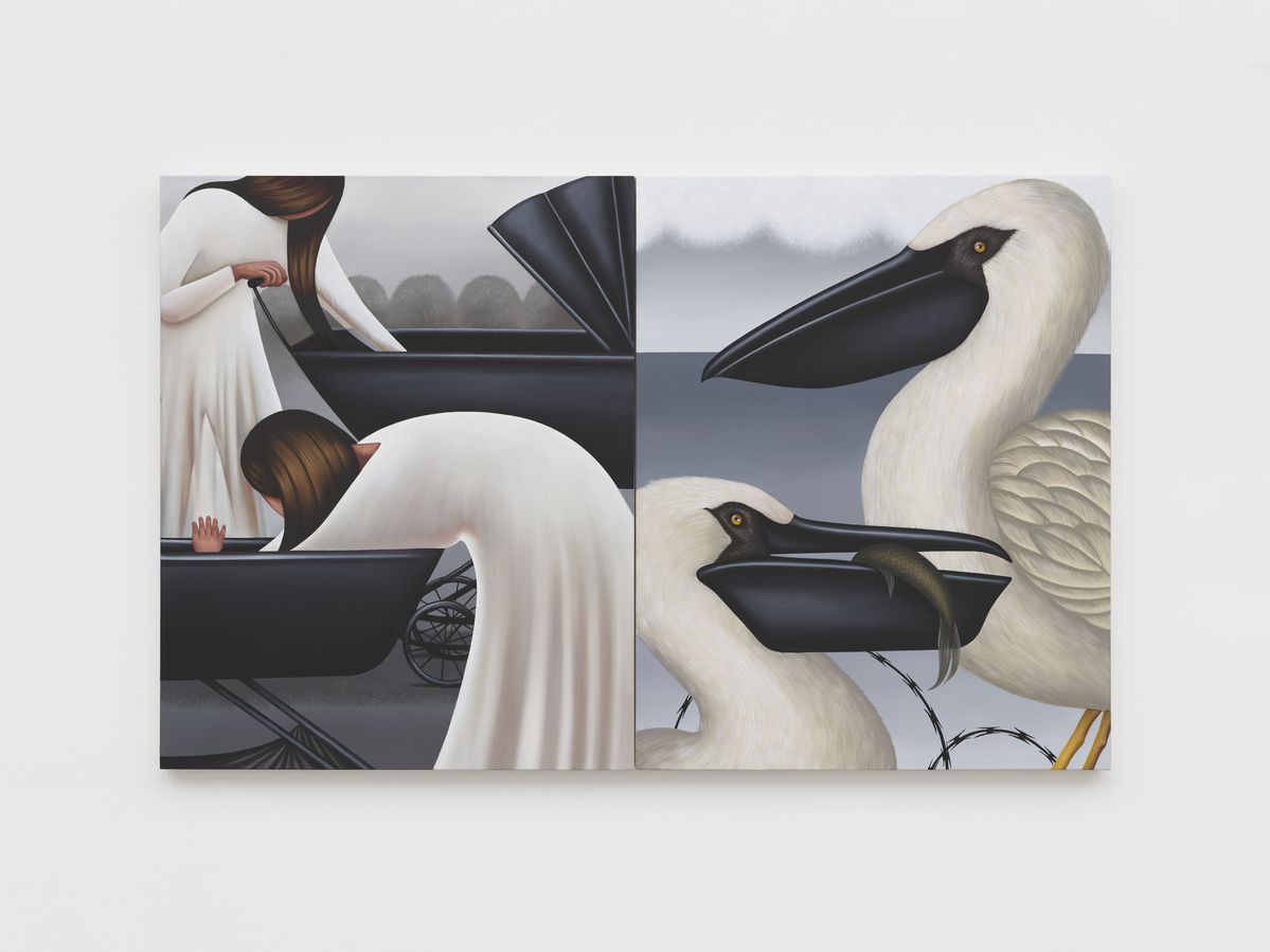 Julie Curtiss, Cradles, 2025, Acrylic and oil on canvas, Diptych, each: 101.6 x 81.3 cm | 40 x 32 in. © the artist. Photo © White Cube (Frankie Tyska).