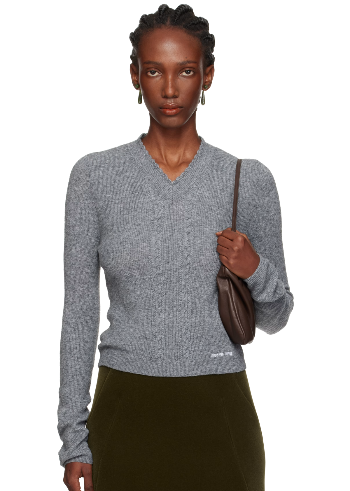 그레이 레이스 트리밍 브이넥 니트 스웨터