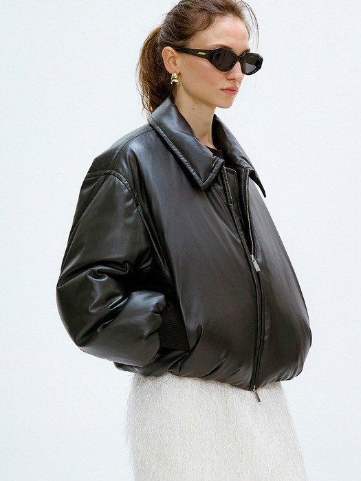 CROPPED FAUX LEATHER GOOSE DOWN PUFFER