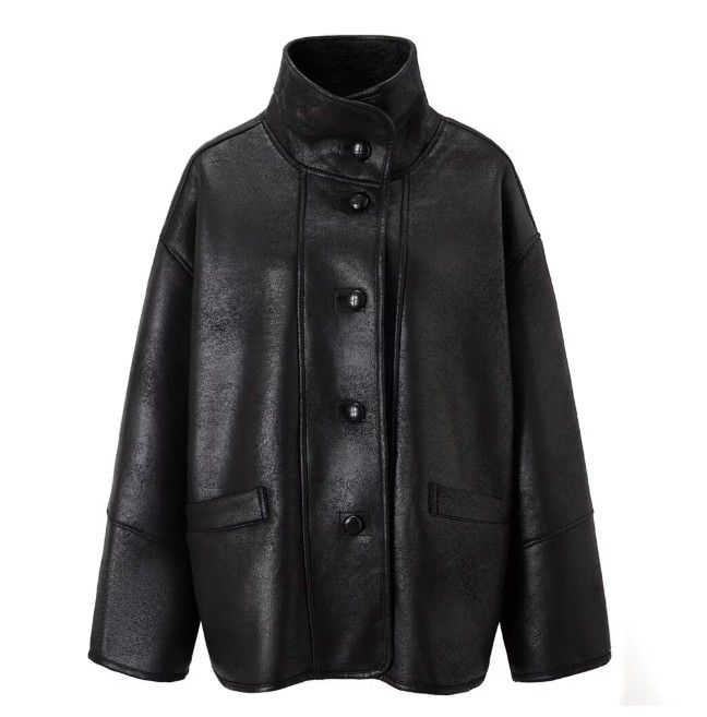 빈티지 레더 오버핏 하이넥 자켓