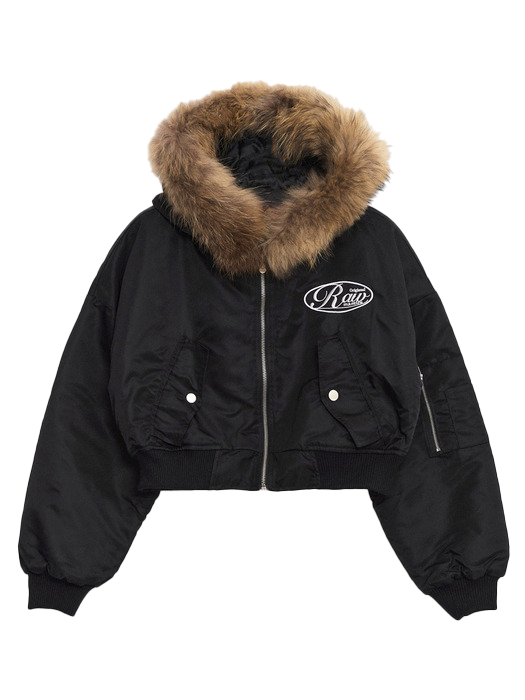 Real Raccoon Fur Hood Flight Jumper Black