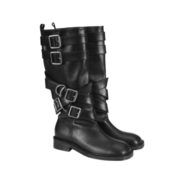 블랙 레이어드 스트랩 부츠