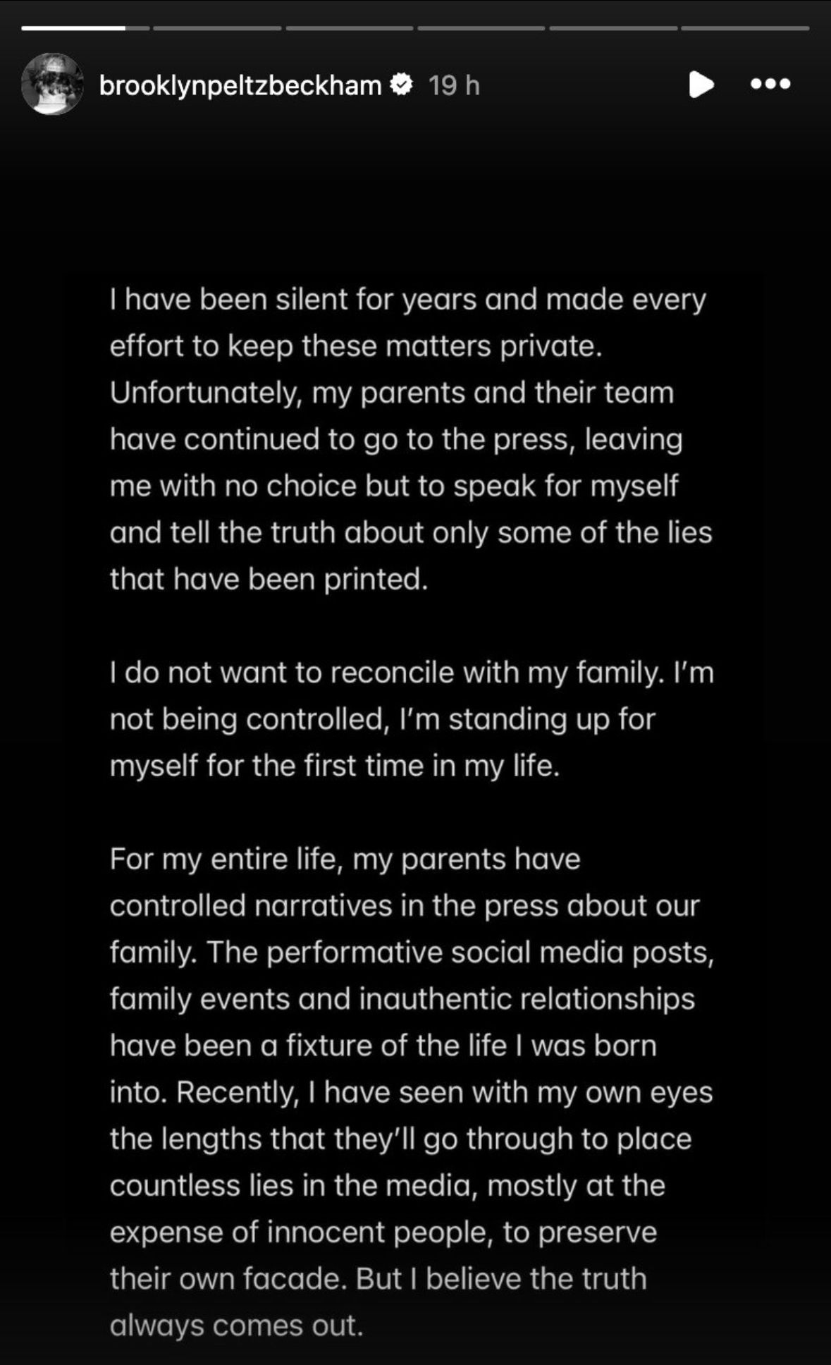브루클린 베컴이 SNS 스토리를 통해 밝힌 공식 입장 @brooklynpeltzbeckham