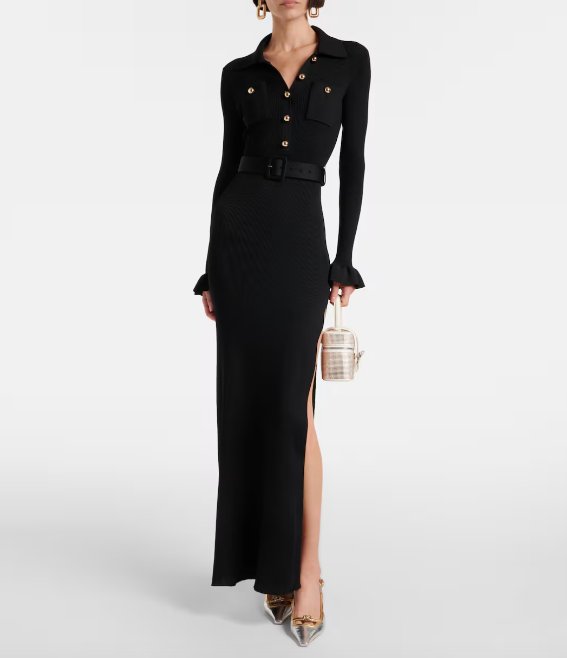 셀프 포트레이트 리브 니트 사이드 슬릿 맥시 드레스 100만원대