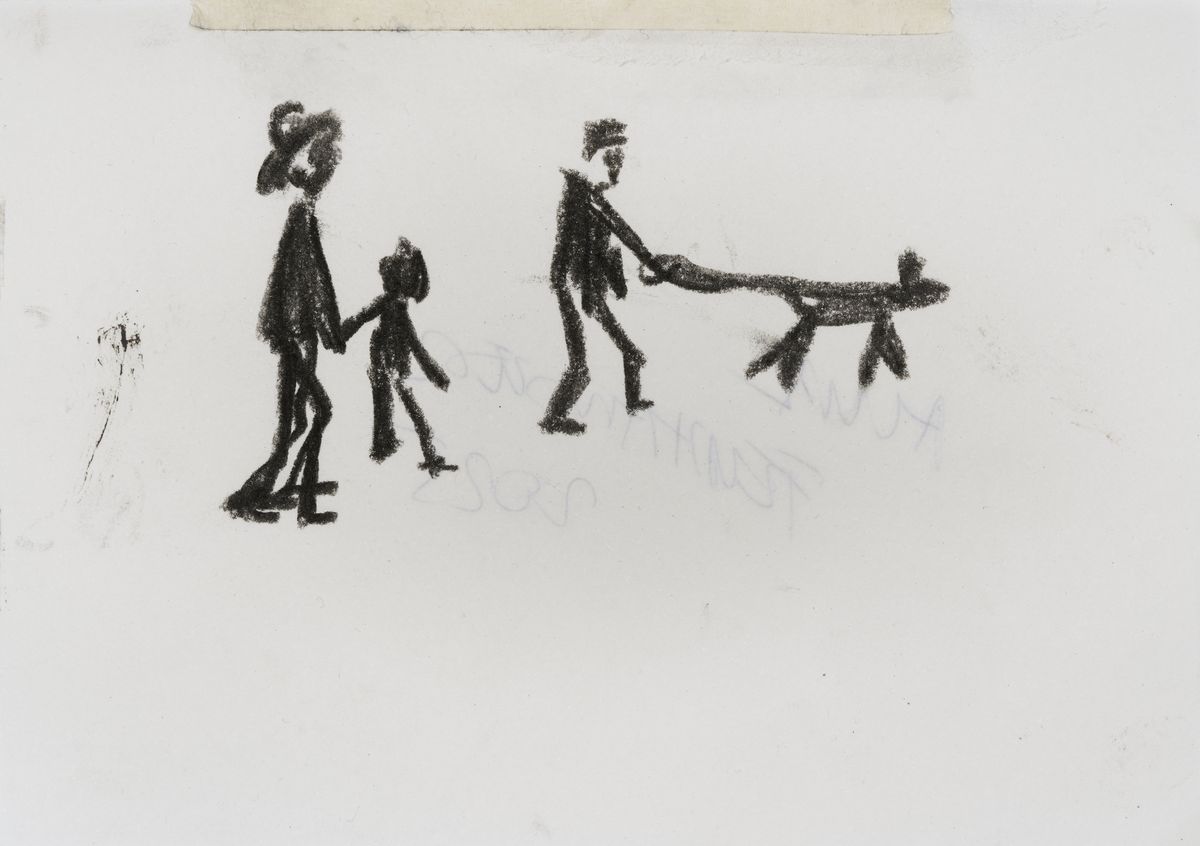Alma Feldhandler, People walking factory print , 2025. charcoal on paper, 14.8 x 21 cm.