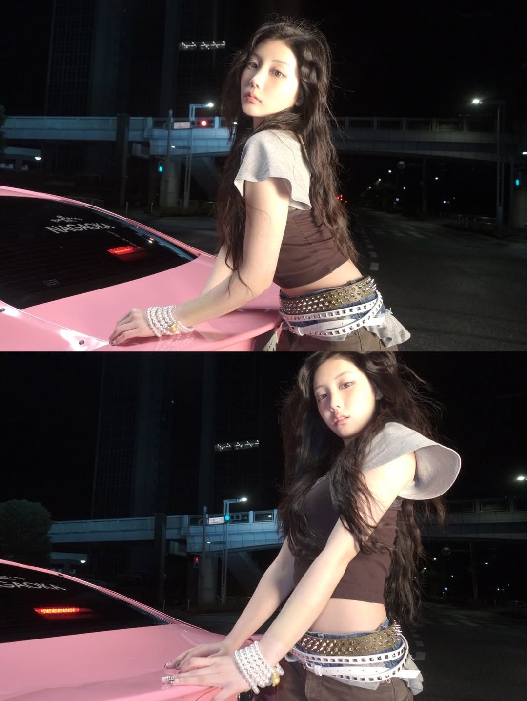 두께와 컬러가 다른 스터드 벨트를 레이어드해 존재감 있는 패션을 완성한 원희 / @illit_official