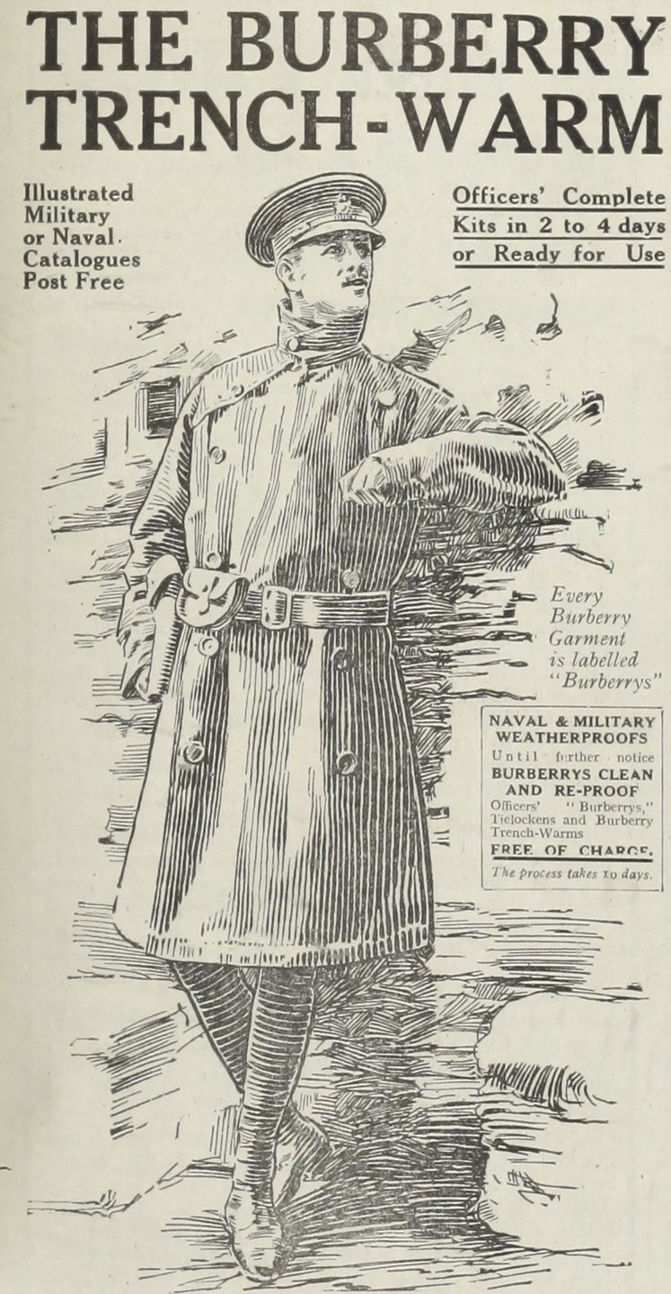1916년에 제작된 버버리 코트 광고. 간결한 구조로 군인들 사이에서 특히 인기를 끌었다.