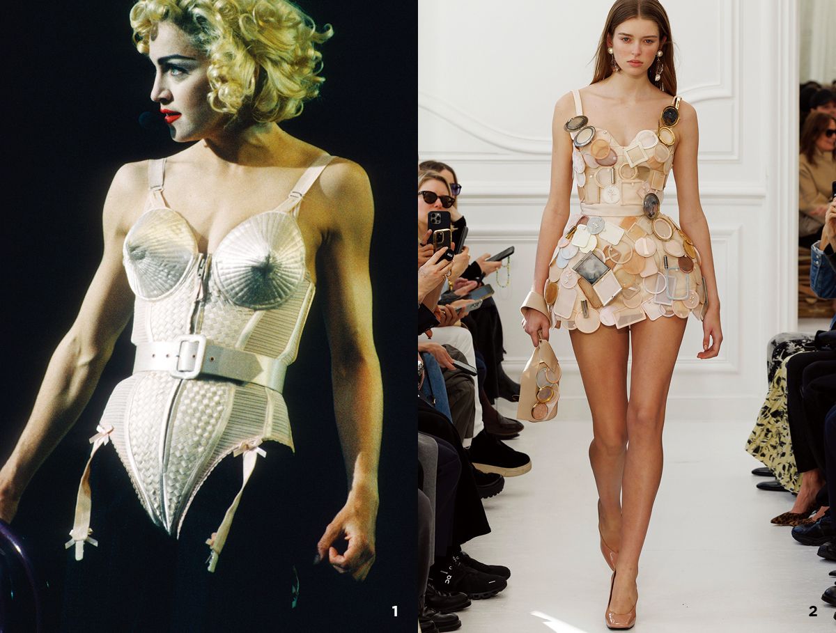 1 1990년 마돈나가 블론드 앰비션 월드 투어에서 착용한 장 폴 고티에의 코르셋. 2 사라 버튼의 지방시 2025 F/W. 