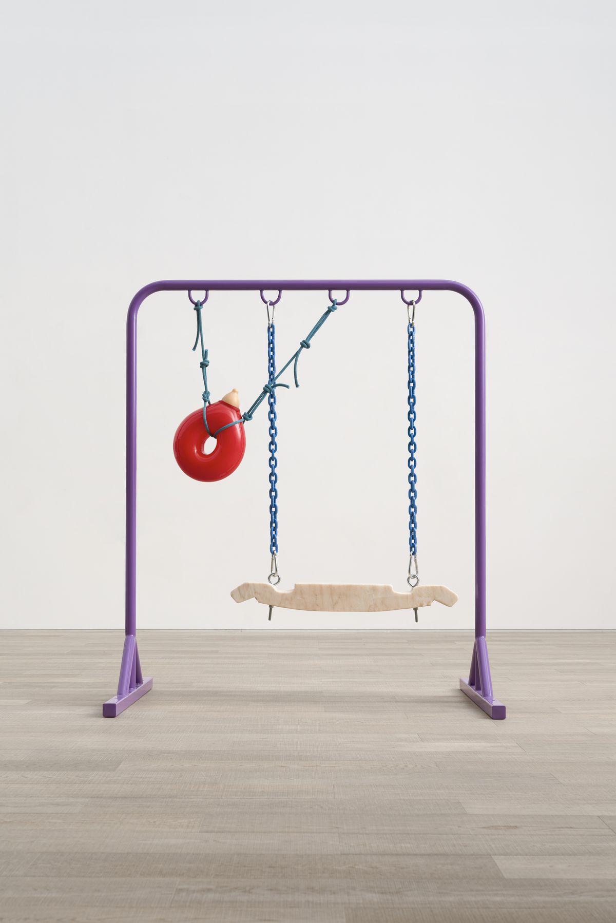 Nevine Mahmoud, Swing Set, 2021, Steel, paint, Portuguese pink marble, plastic, glass, resin and stainless steel hardware, 177.8 x 152.4 x 101.6 cm
