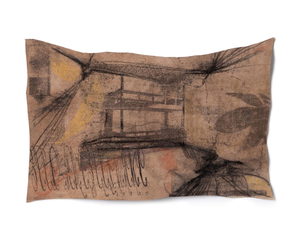 강지웅, ‹통로, 회중석, 후진과 우물 평면도›, 2024. 가죽 조각 위에 전사, 목탄, 30 x 45 cm. Jioong Kang, Passage, Pew, Reverse, and Well Floor Plan, 2024, image transfer on leather fragments, charcoal, 30 x 45 cm