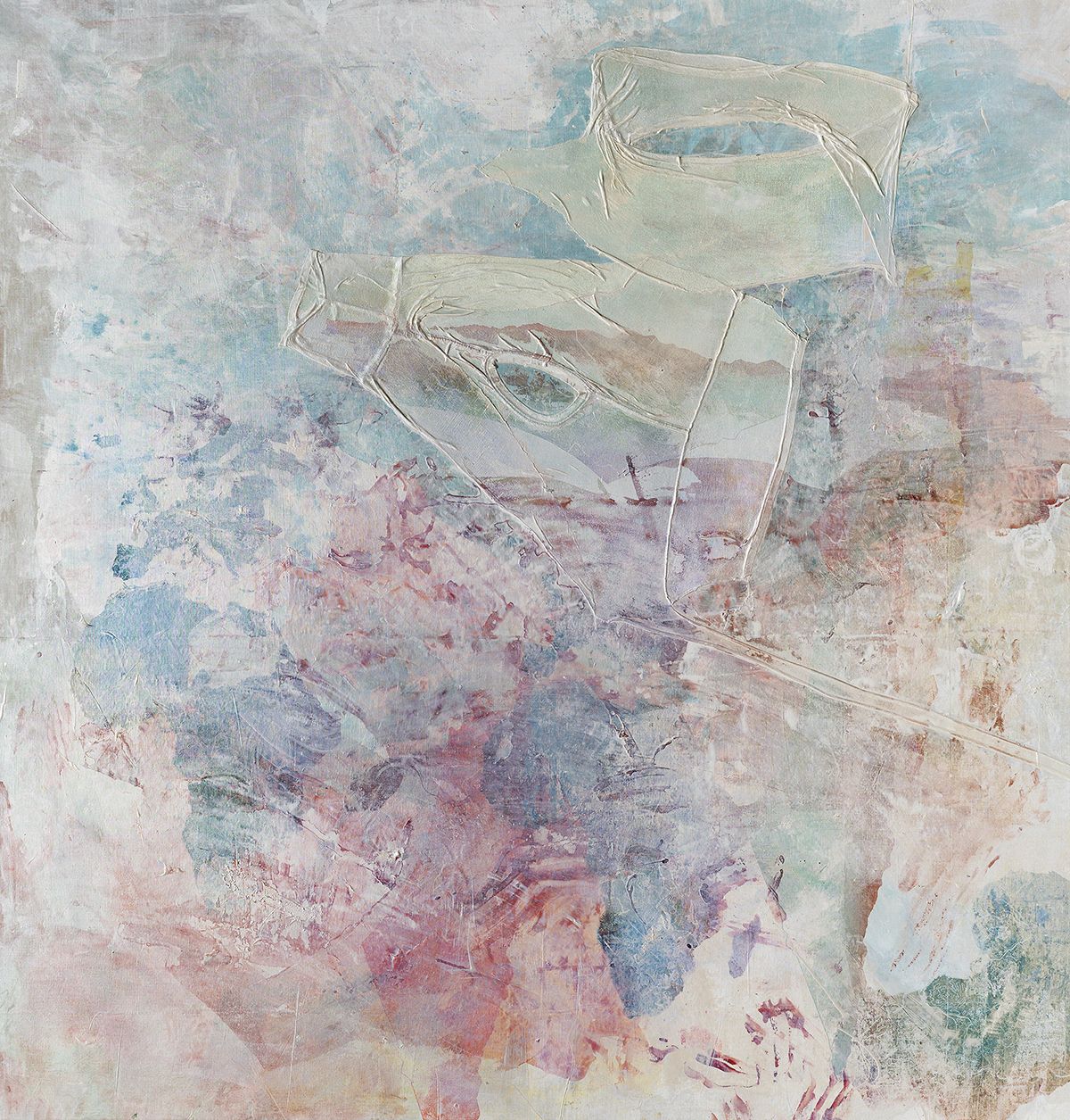andy El-Sayegh, <화이트 그라운드 (사랑 안에서는 모든 것이 정당하다)>, 2023, Oil and acrylic on canvas with collaged and silkscreened elements, 235x225x4.5cm.
