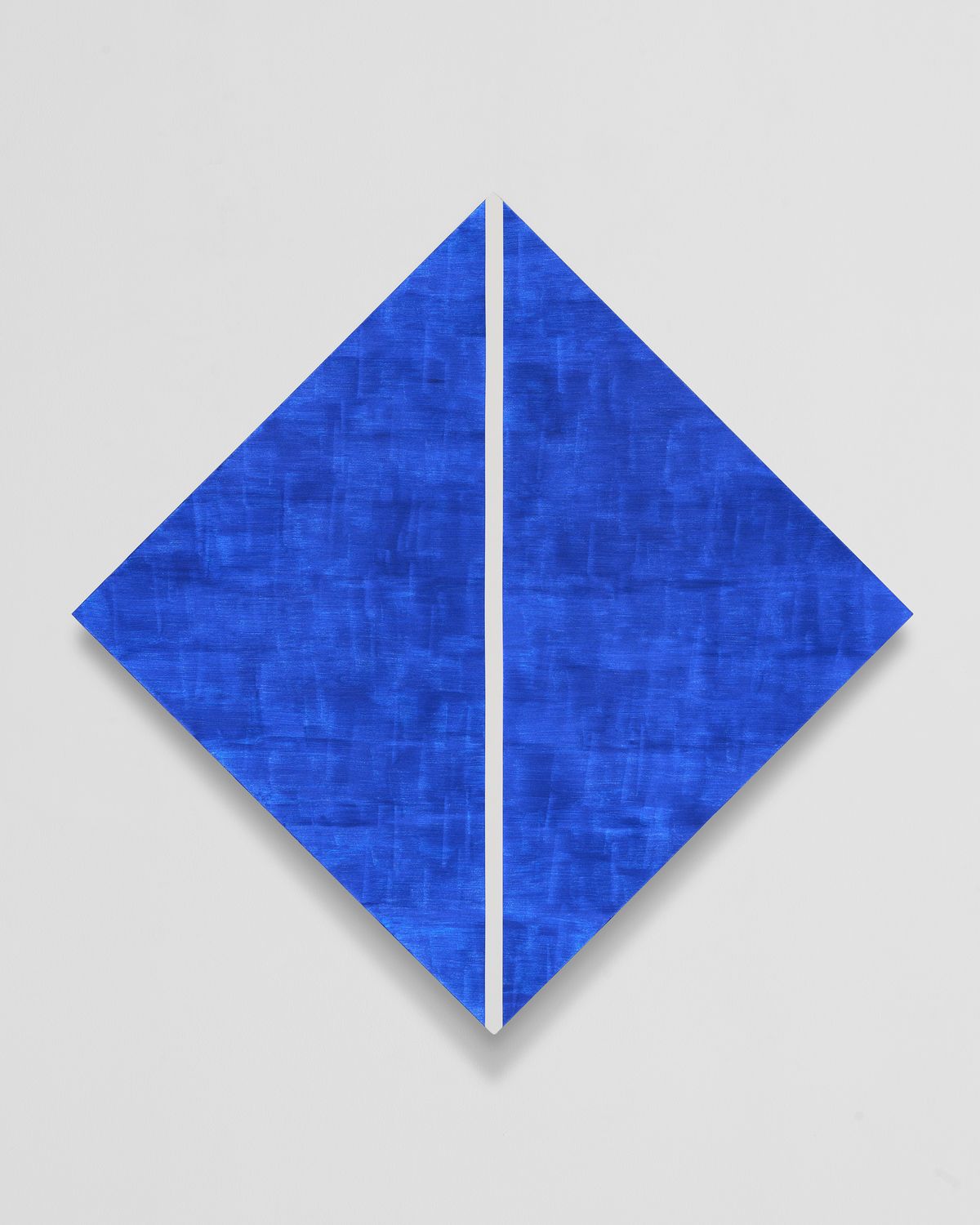 Untitled (Blue Diamond with White Inner band) 2026 glass microspheres in acrylic on canvas 179.7 x 179.7 x 9.2 cm © Mary Corse, courtesy Pace Gallery
