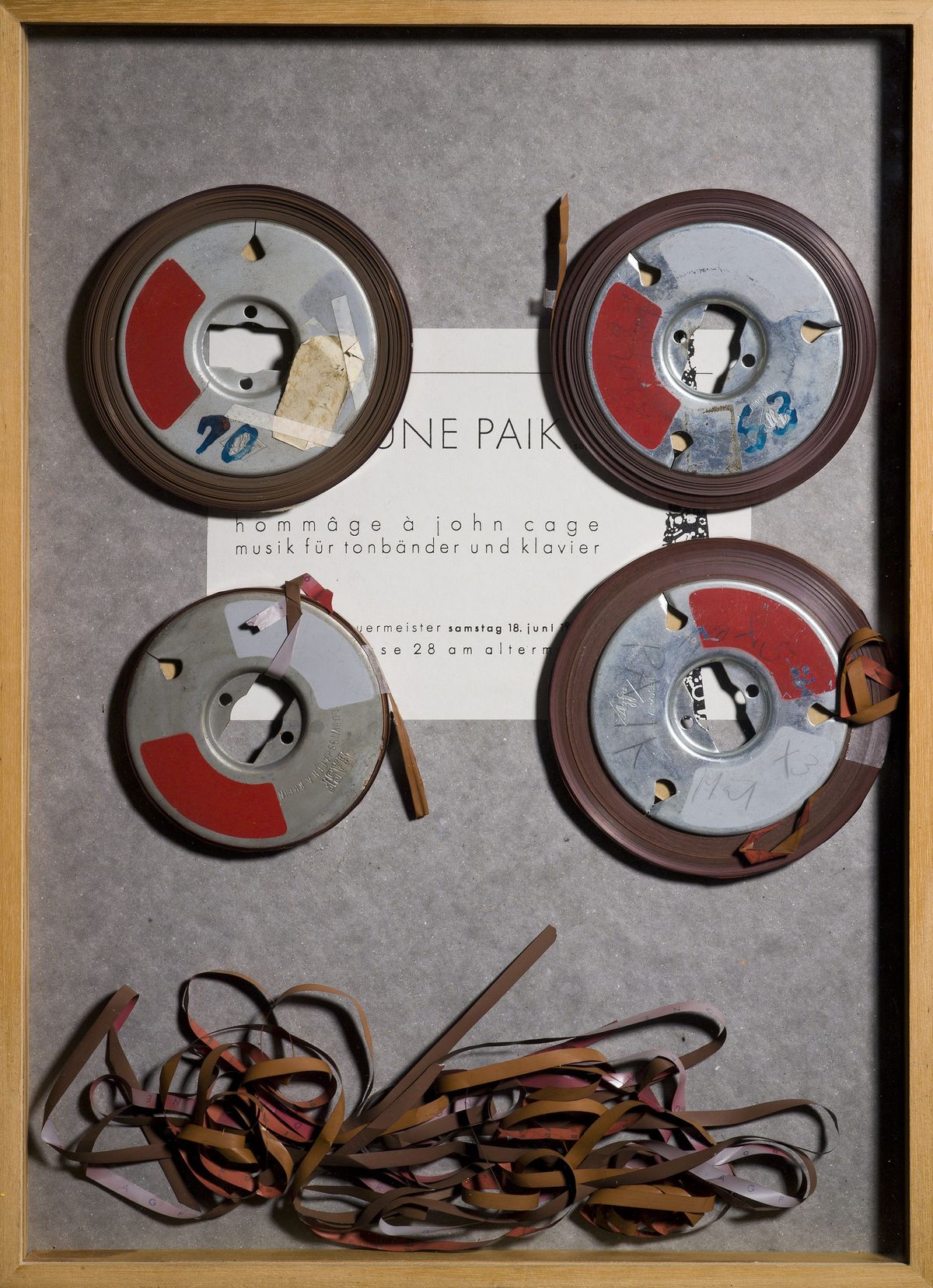 Nam June Paik Hommage à John Cage: Music for Tapes and Piano 1958 – 1962 4 audiotape reels, wooden frame 50 x 36 x 3 cm Nam June Paik Art Center Collection. © Nam June Paik Estate. Photo: Nam June Paik Art Center