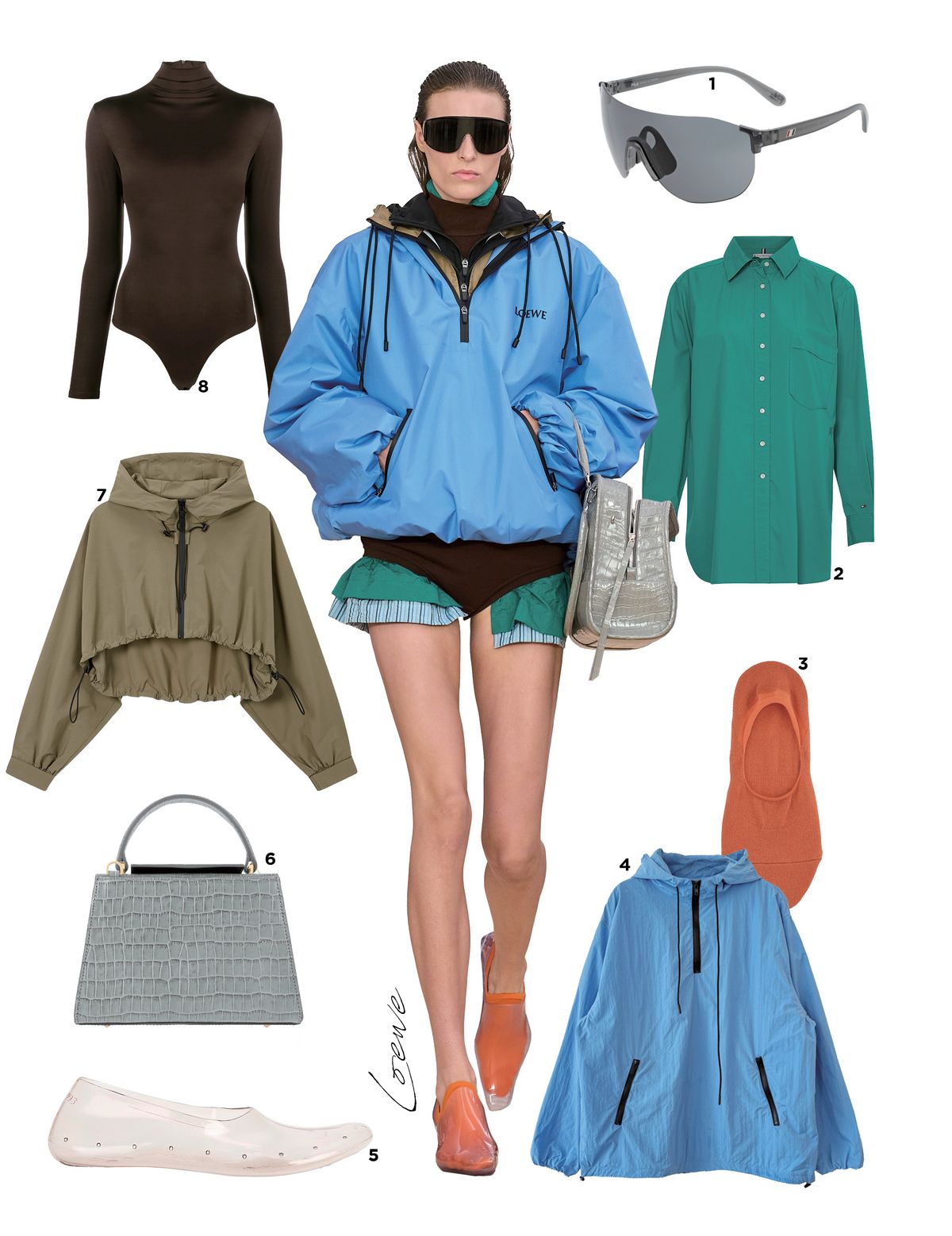 1 고글 선글라스는 12만원대 Fila. 2 셔츠는 19만원대 Tommy Hilfiger. 3 톱 핸들 백은 55만원대 Blanchot. 4 양말은 1만원대 Tabio. 5 아노락은 12만원대 Hilo. 6 젤리 슈즈는 9만원대 Skims. 7 크롭트 윈드브레이커는 17만원대 Jaah. 8 바디수트는 62만원대 Atu Body Couture.