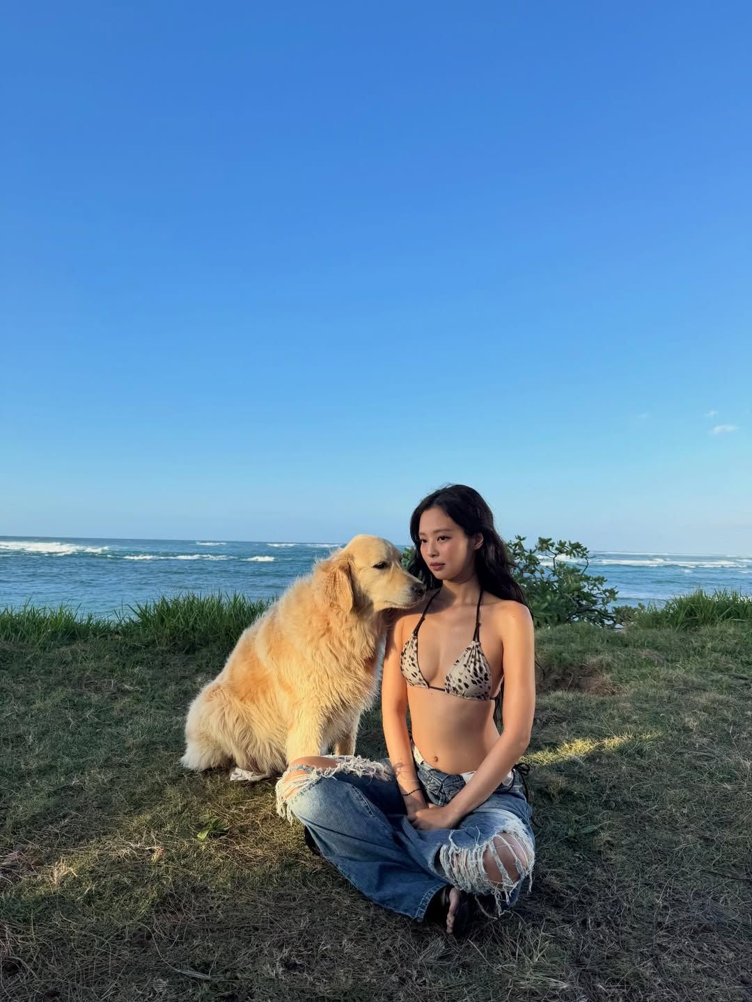 레오퍼트 패턴 비키니와 찢어진 데님 팬츠를 입어 과감한 분위기를 완성한 제니 / @jennierubyjane