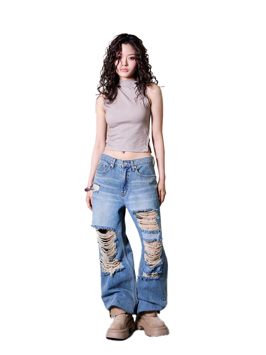 데미지 워시드 데님 팬츠