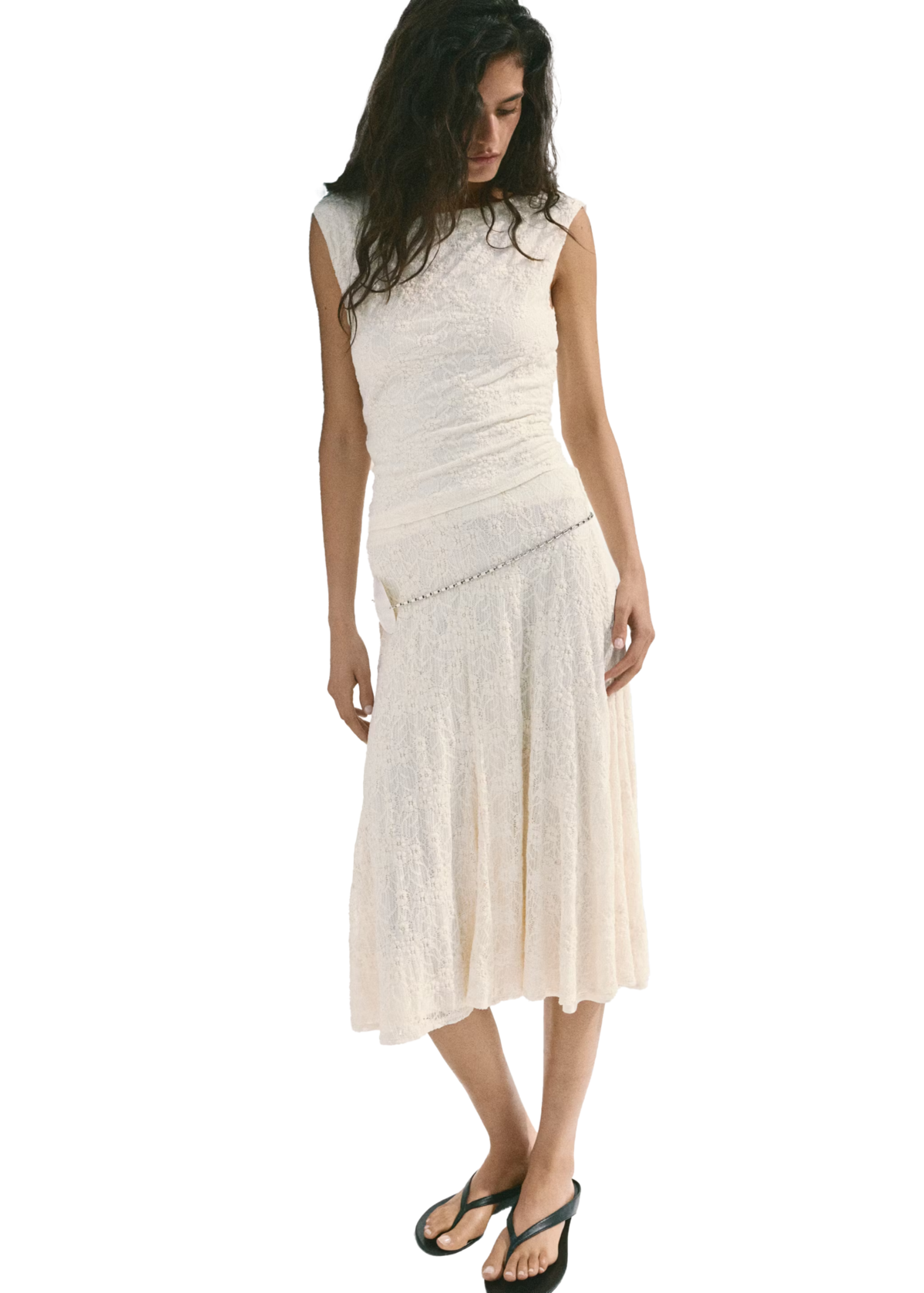 펀칭 자수 디테일 미디 스커트