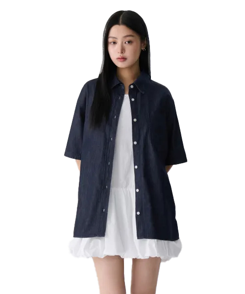 오버사이즈 반소매 데님 셔츠