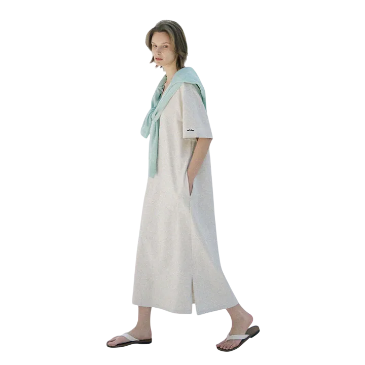 덴 앞슬릿 박시 원피스 크림