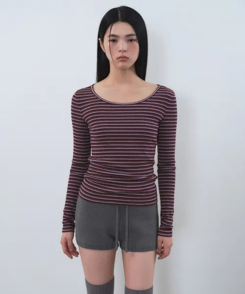 스트라이프 리브드 슬림 긴소매 티셔츠