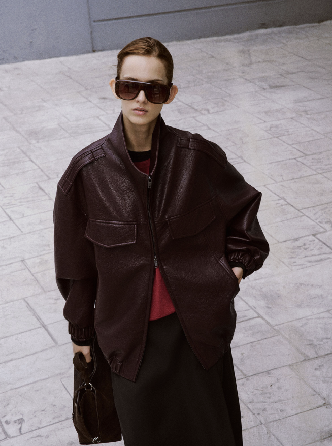 Faux Leather High-Neck Blouson Jumper