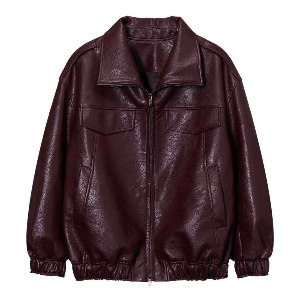 Faux Leather High-Neck Blouson Jumper