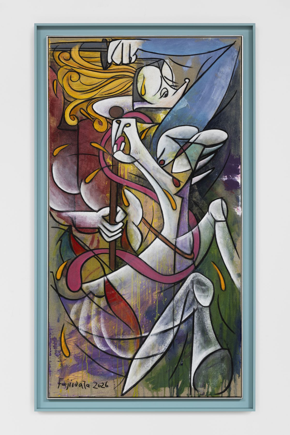 Who Was Once a Hero Whose Bravery is Lost?, 2026 Acrylic, charcoal and pastel on canvas 150 x 80.1 cm (59 x 31 1/2 in) (unframed) 161.8 x 91.8 x 6.1 cm (63 3/4 x 36 1/8 x 2 3/8 in) (framed) Courtesy the artist and Esther Schipper, Berlin/Paris/Seoul Photo © Andrea Rossetti 