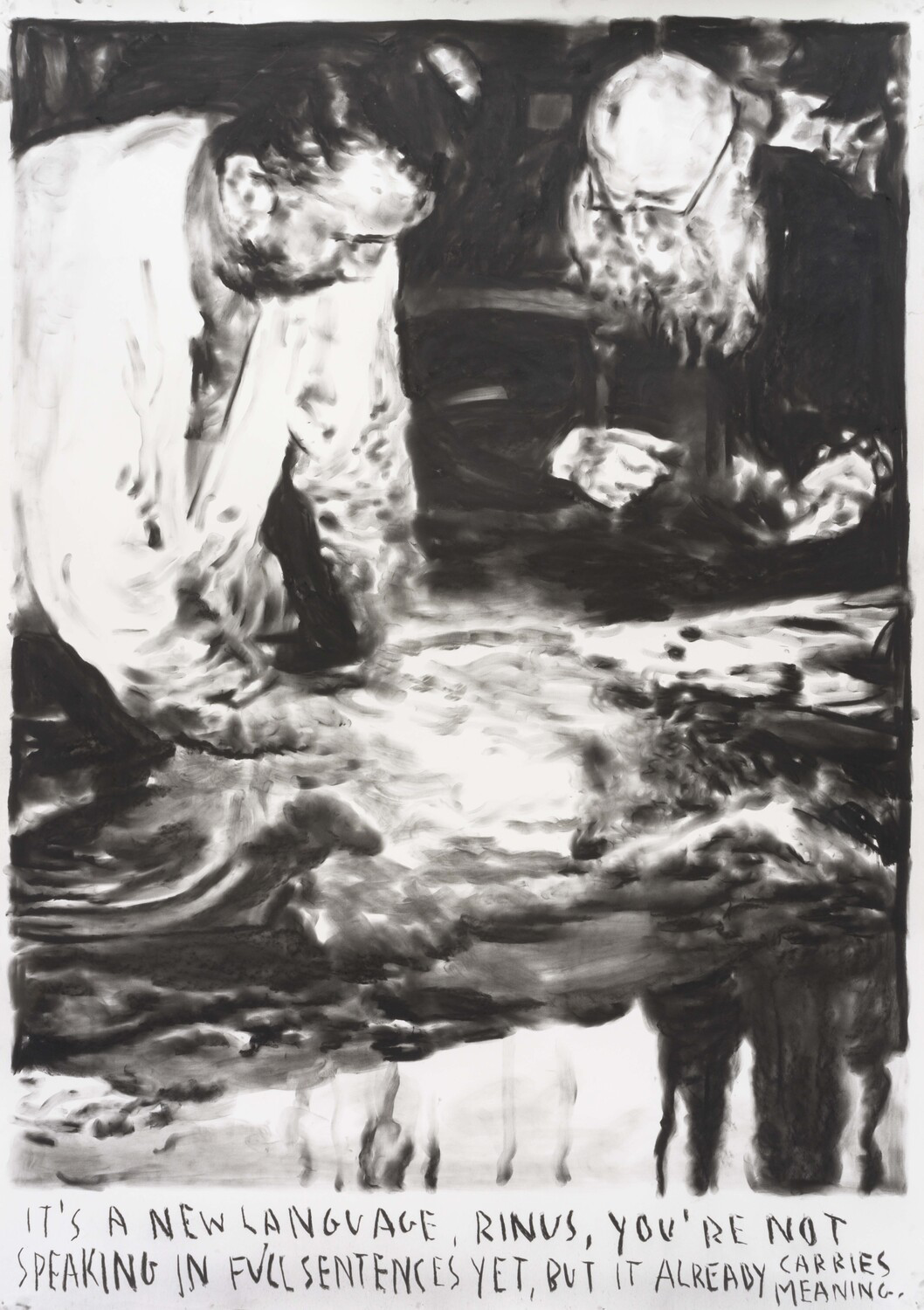 리너스 반 데 벨데 Rinus Van de Velde, It’s a new language, ..., 2026, charcoal on paper, 170 x 120 cm, 189 x 139 x 5.5 cm artist frame, Courtesy of the Artist and Gallery Baton