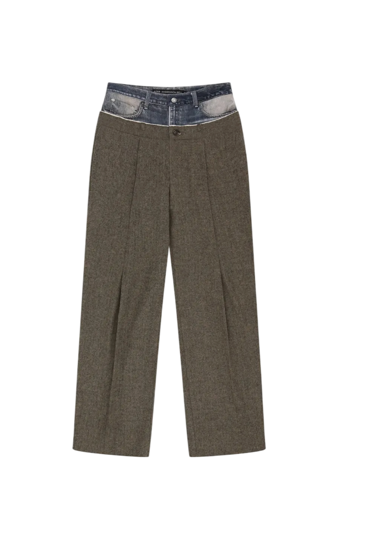 DENIM-WAIST HERRINGBONE TROUSERS