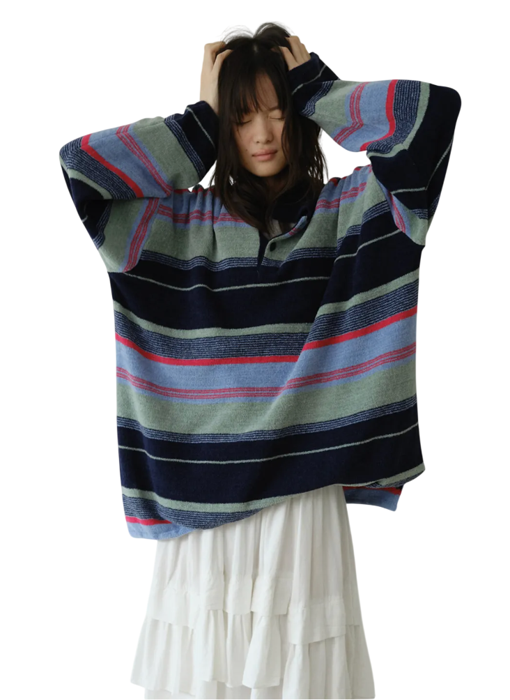 MULTI STRIPE COLLAR TERRY KNIT PULL OVER, MINT