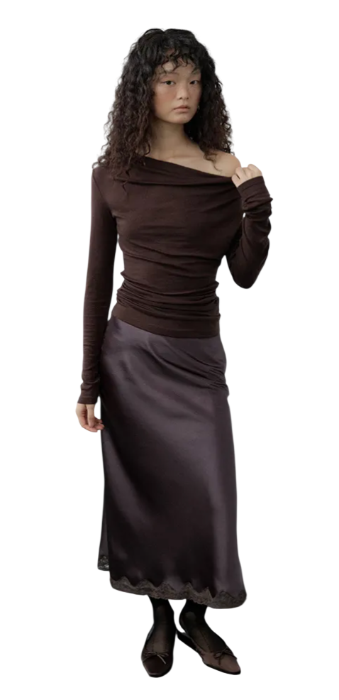 Satin Lace-Hem Skirt (Brown)