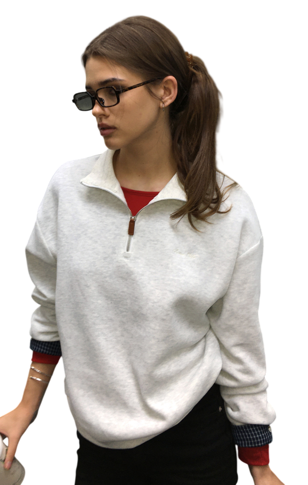 Loose Fit Check Knit Half Zip Up-Light Grey