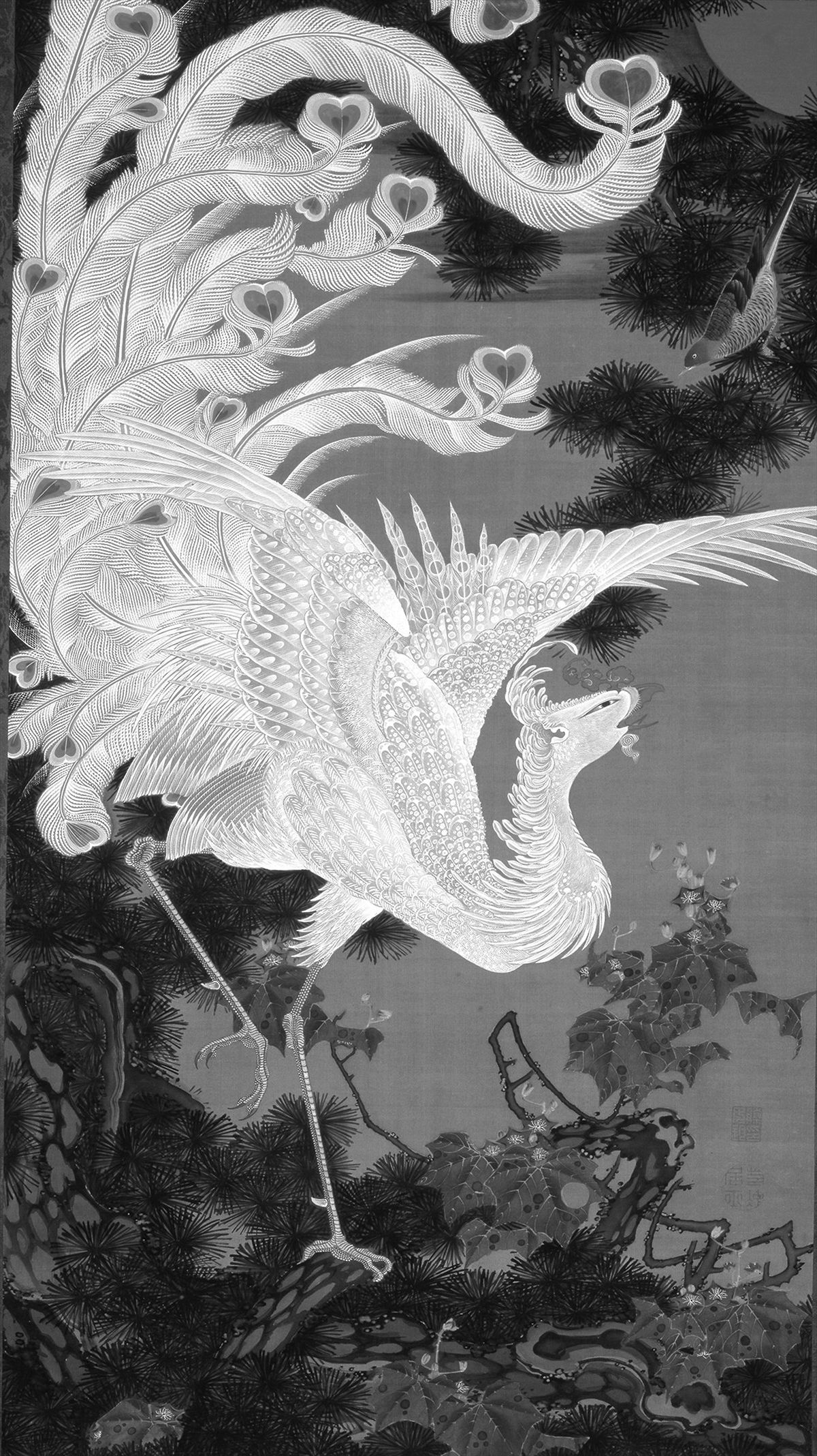 이토 자쿠추, <White Phoenix and Old Pine Tree>, 1766. Found in the collection of Museum of the Imperial Collections, Tokyo. (Photo by Fine Art Images/Heritage Images/Getty Images)